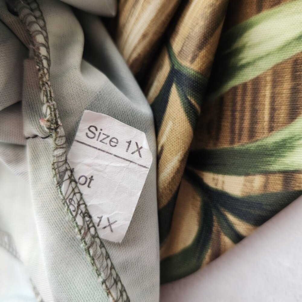 Vintage 70s Tropical Leaf Print Blouse Size 1X Tie Monstera Botanical Green Boho - Picture 9 of 13